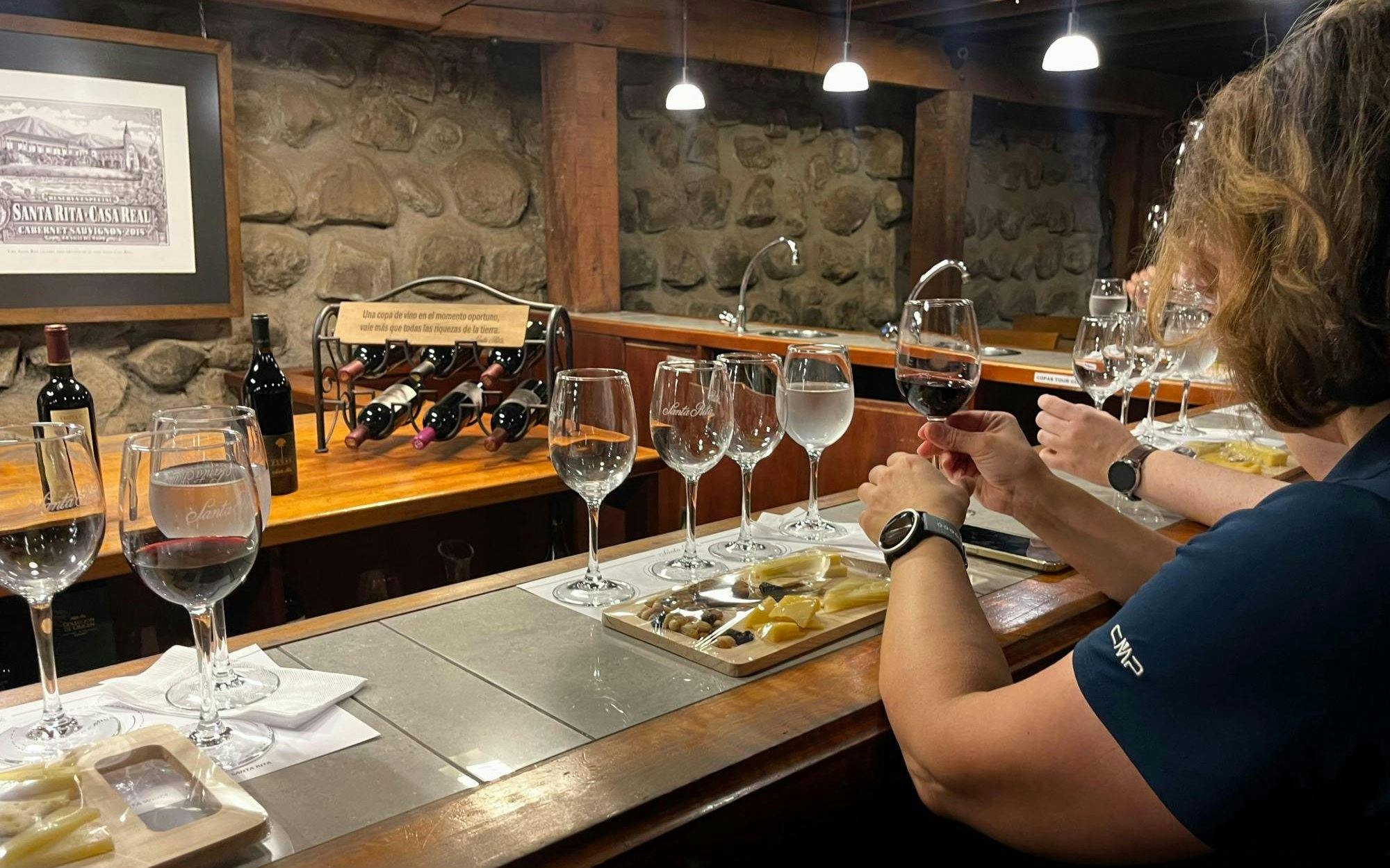 Wine tasting session at Santa Rita Vineyard, Chile, with glasses and cheese platter.