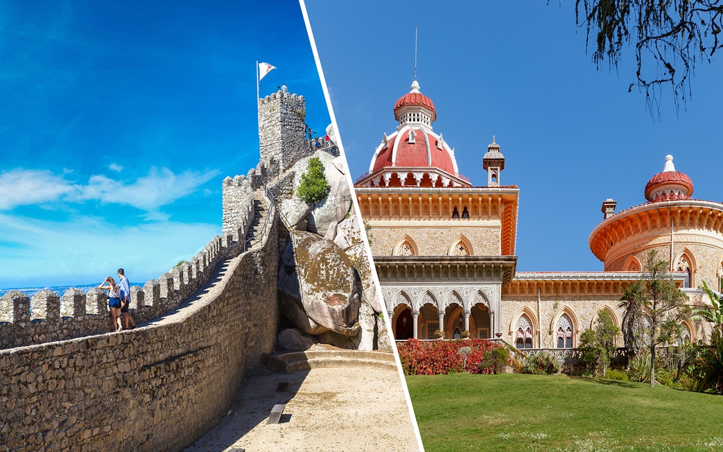 Moorish Castle walls and Monserrate Palace in Sintra, Portugal.
