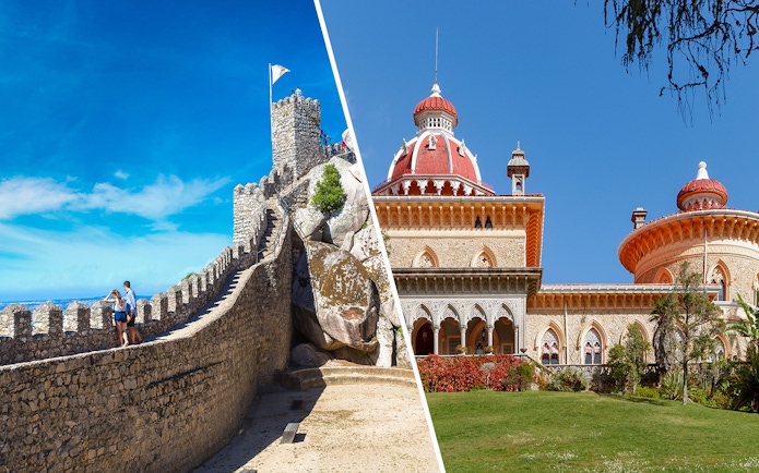Moorish Castle walls and Monserrate Palace in Sintra, Portugal.