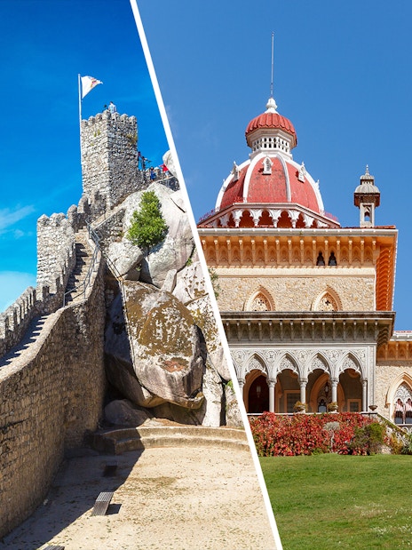 Moorish Castle walls and Monserrate Palace in Sintra, Portugal.