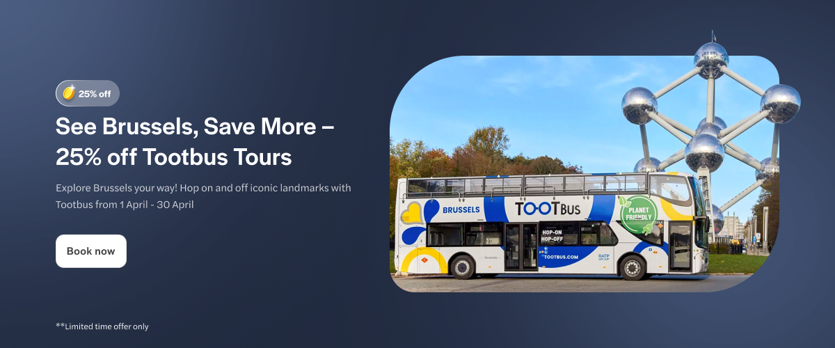 Brussels hop-on hop-off bus near Atomium landmark.