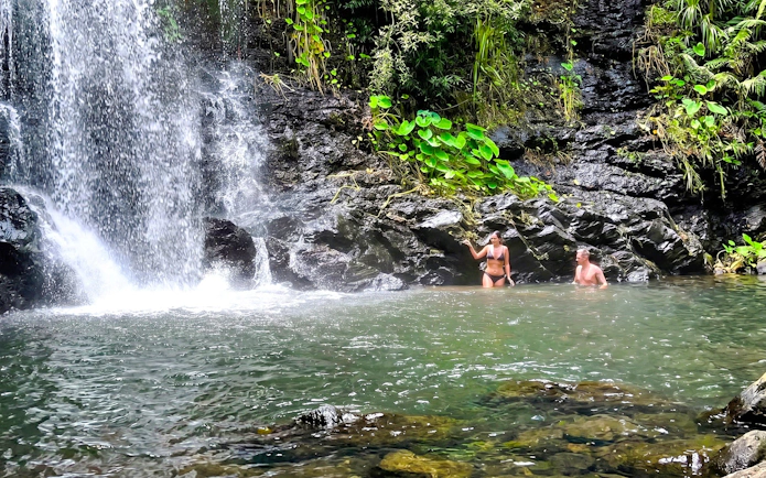 Visitors swimming near a waterfall in Daintree Rainforest, Australia.