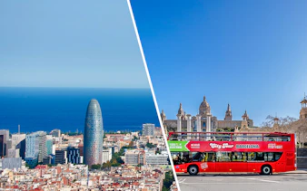 Barcelona skyline with Torre Glòries and a city tour bus near the National Art Museum of Catalonia.
