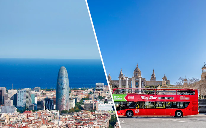 Barcelona skyline with Torre Glòries and a city tour bus near the National Art Museum of Catalonia.