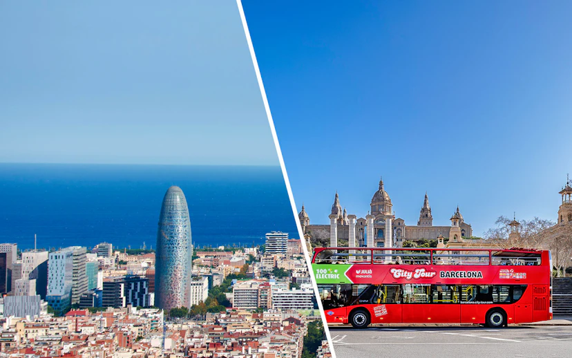 Barcelona skyline with Torre Glòries and a city tour bus near the National Art Museum of Catalonia.