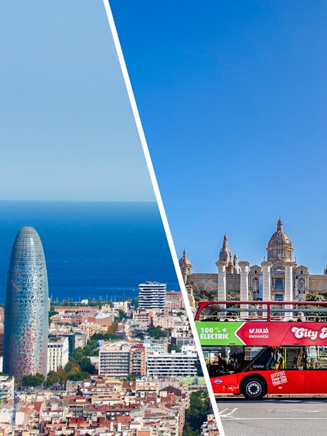 Barcelona skyline with Torre Glòries and a city tour bus near the National Art Museum of Catalonia.