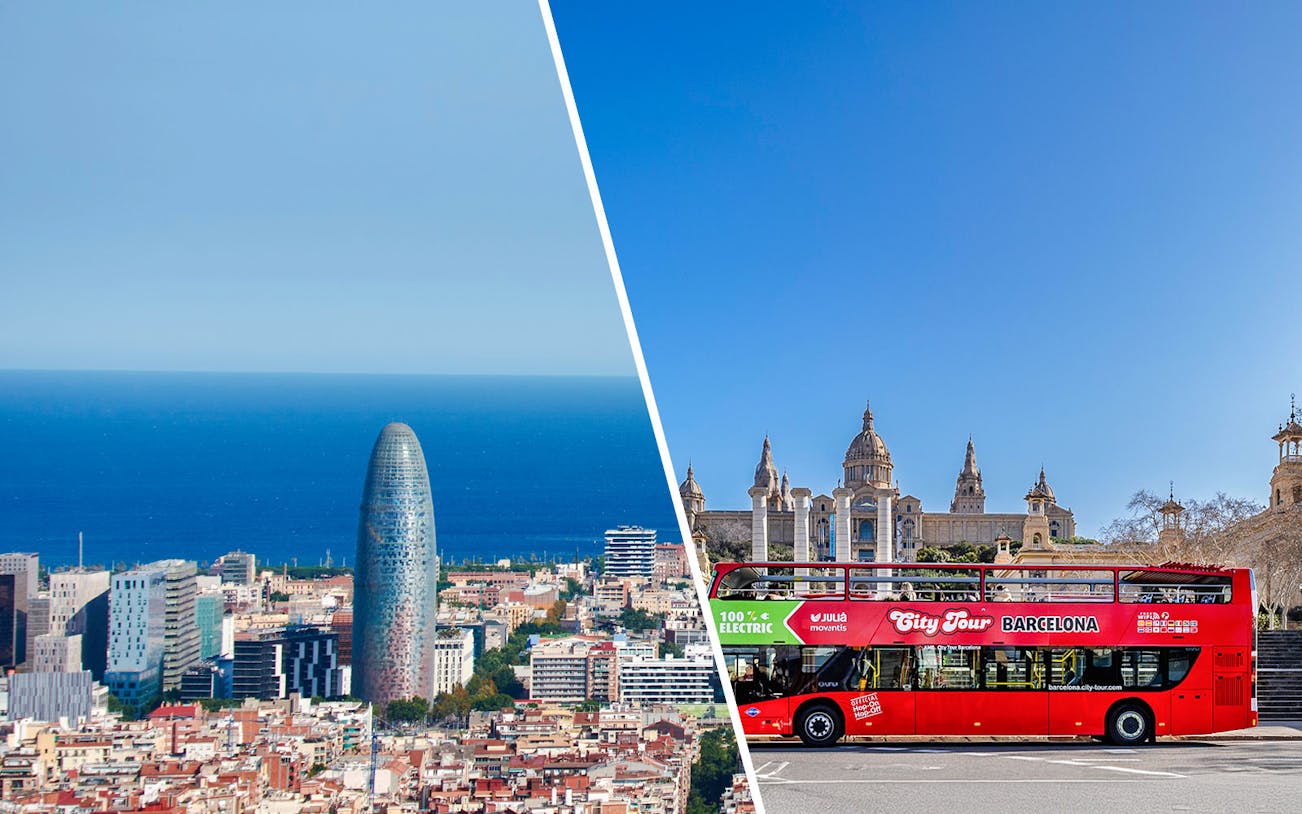 Barcelona skyline with Torre Glòries and a city tour bus near the National Art Museum of Catalonia.