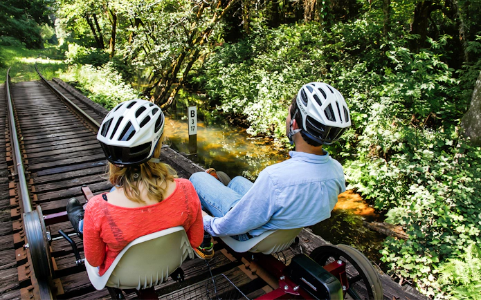 Guests riding rail bikes through redwoods in San Francisco.