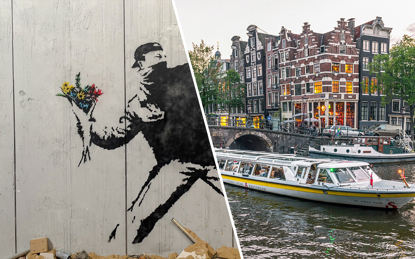 Banksy artwork with flowers and Amsterdam canal cruise boat near historic buildings.