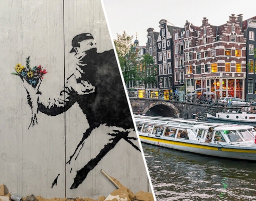Banksy artwork with flowers and Amsterdam canal cruise boat near historic buildings.