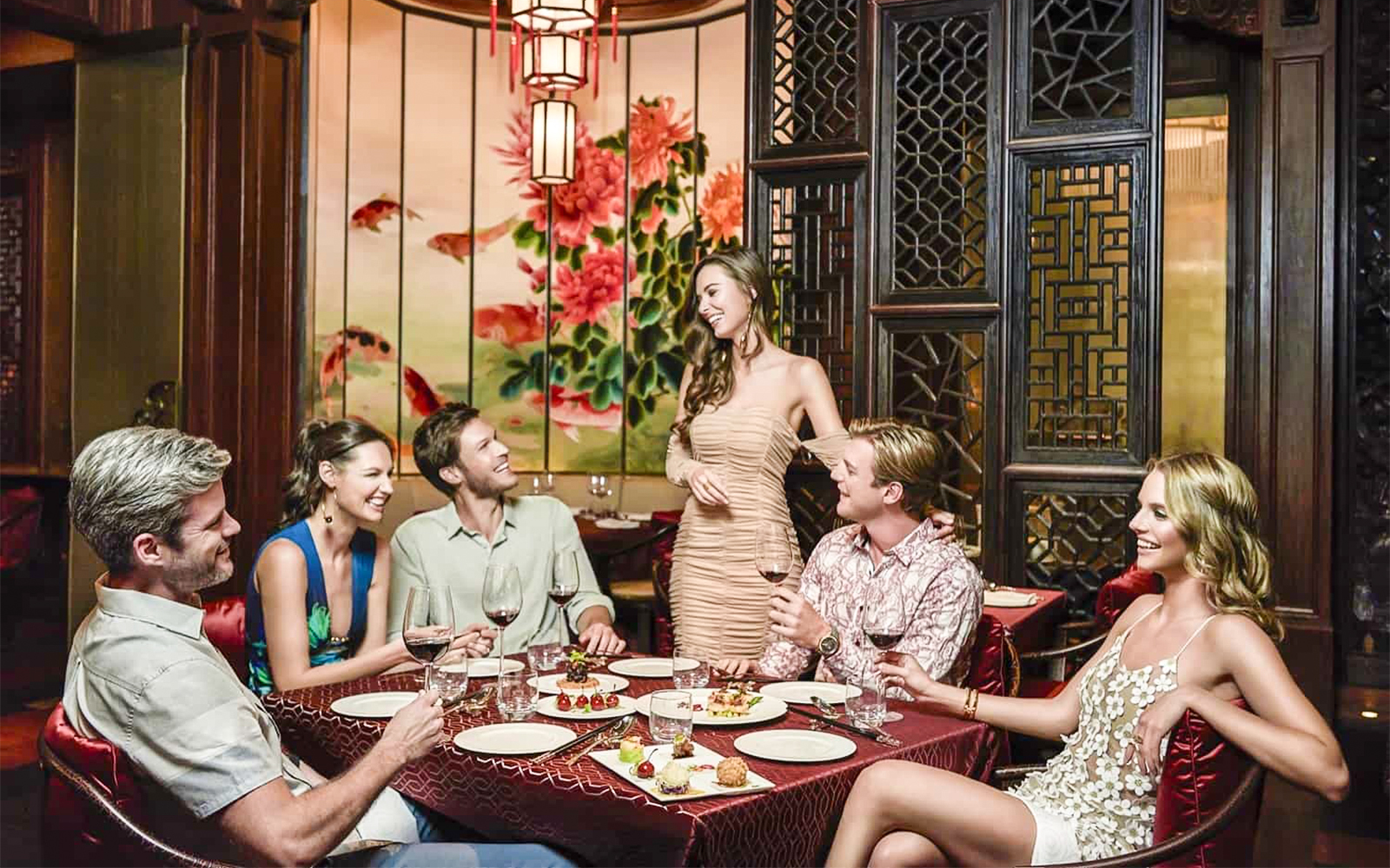 Group dining at Baha Mar Resort restaurant in Nassau, Bahamas.