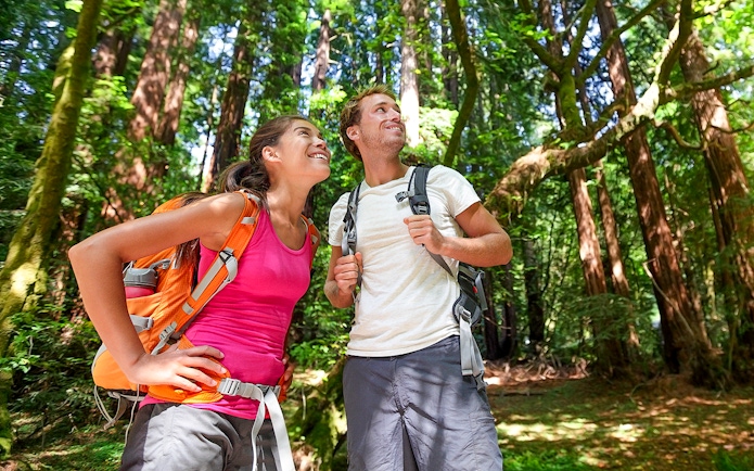 Couple hiking in Muir Woods, part of Alcatraz Tour with Sausalito.