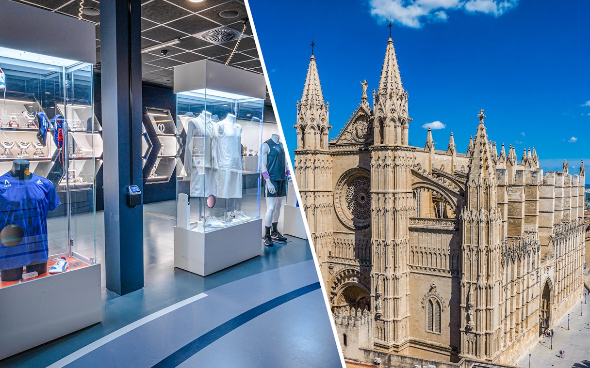 Sports museum exhibit and Palma Cathedral, Mallorca.