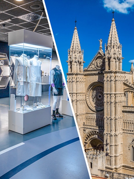 Sports museum exhibit and Palma Cathedral, Mallorca.