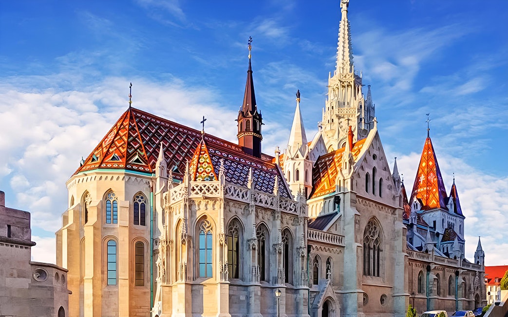 Matthias Church with colorful roof tiles in Budapest's Castle District.