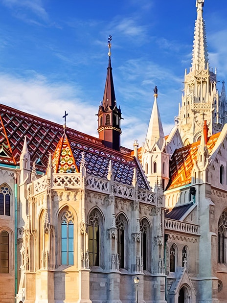 Matthias Church with colorful roof tiles in Budapest's Castle District.
