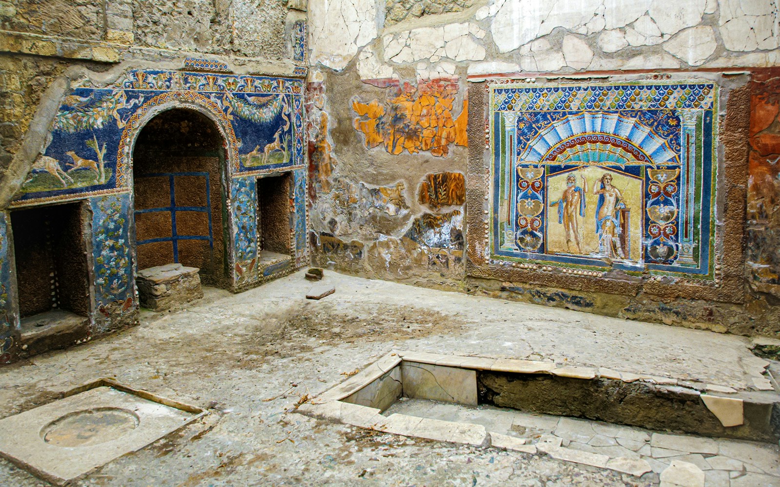 House of Neptune and Amphitrite mosaic in Herculaneum, Italy, depicting mythological figures.
