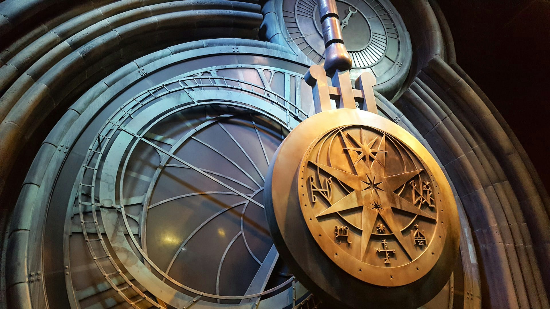 Clock tower detail at Harry Potter Studio Tour, London.
