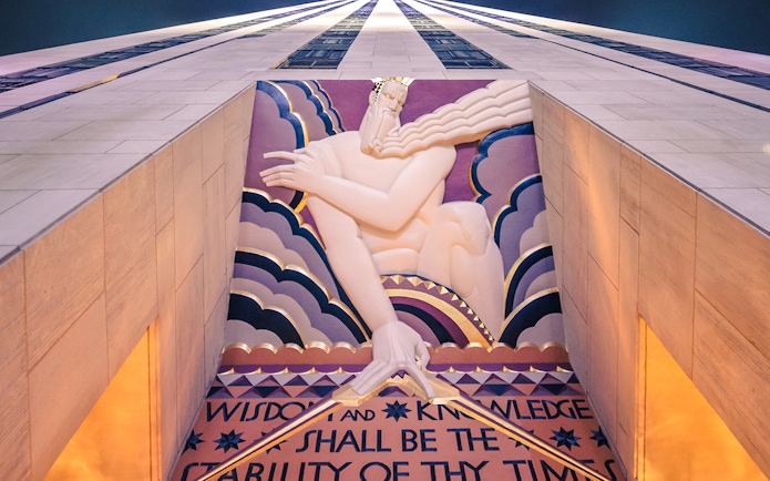 Wisdom sculpture by Lee Lawrie on Rockefeller Center facade, New York City.