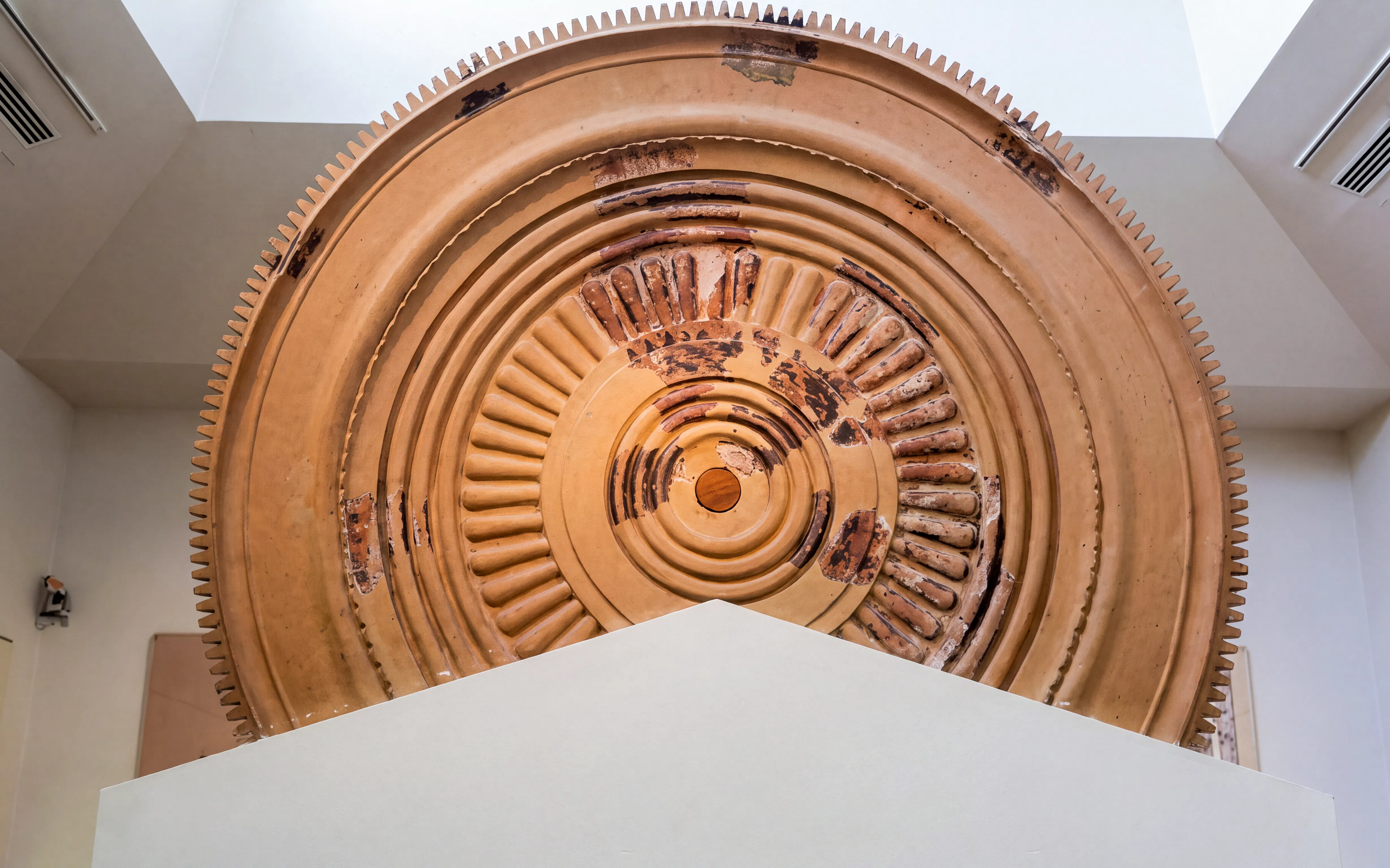Ancient Greek architectural detail at Archaeological Museum in Olympia.