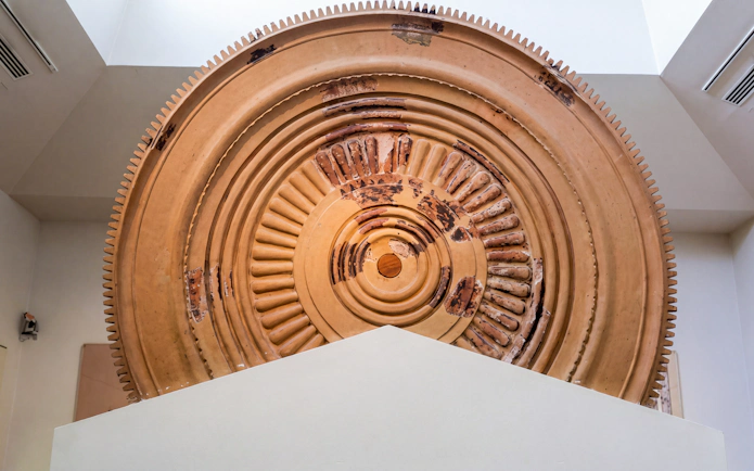 Ancient Greek architectural detail at Archaeological Museum in Olympia.