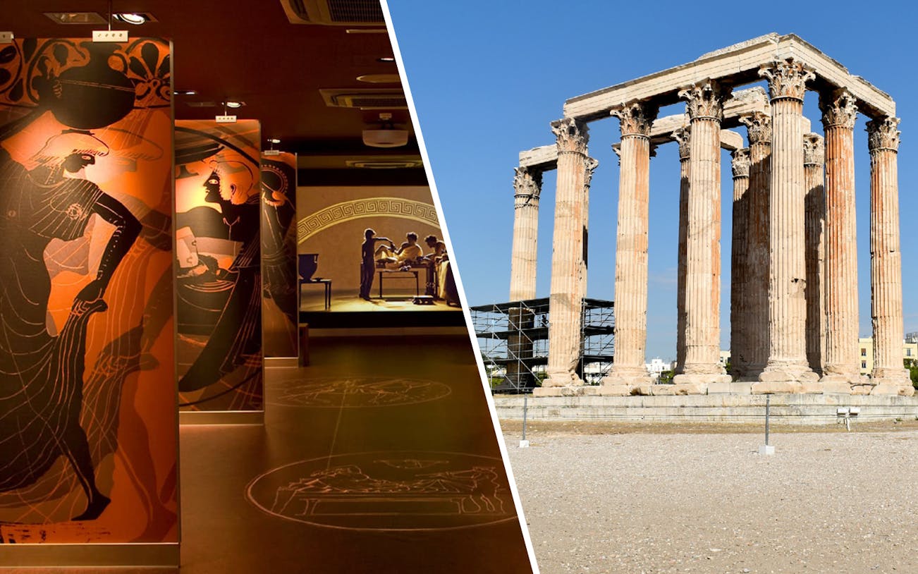 Temple of Olympian Zeus columns and Cycladic Art Museum exhibit in Athens.