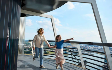 Guests enjoying the view from the Euromast observation deck in Rotterdam.