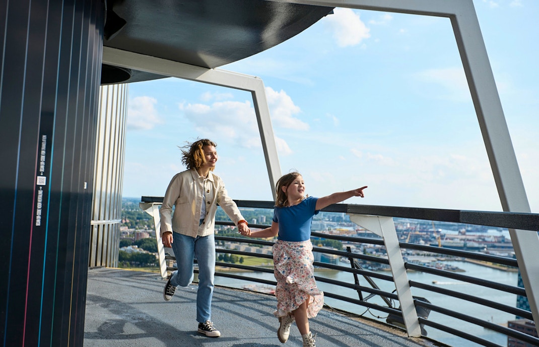 Guests enjoying the view from the Euromast observation deck in Rotterdam.