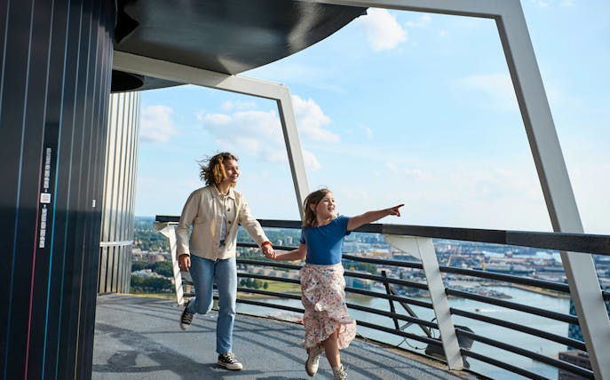 Guests enjoying the view from the Euromast observation deck in Rotterdam.