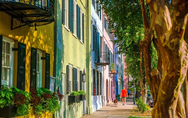 Colorful historic houses on Rainbow Row, Downtown Charleston, South Carolina, with a person walking a dog.