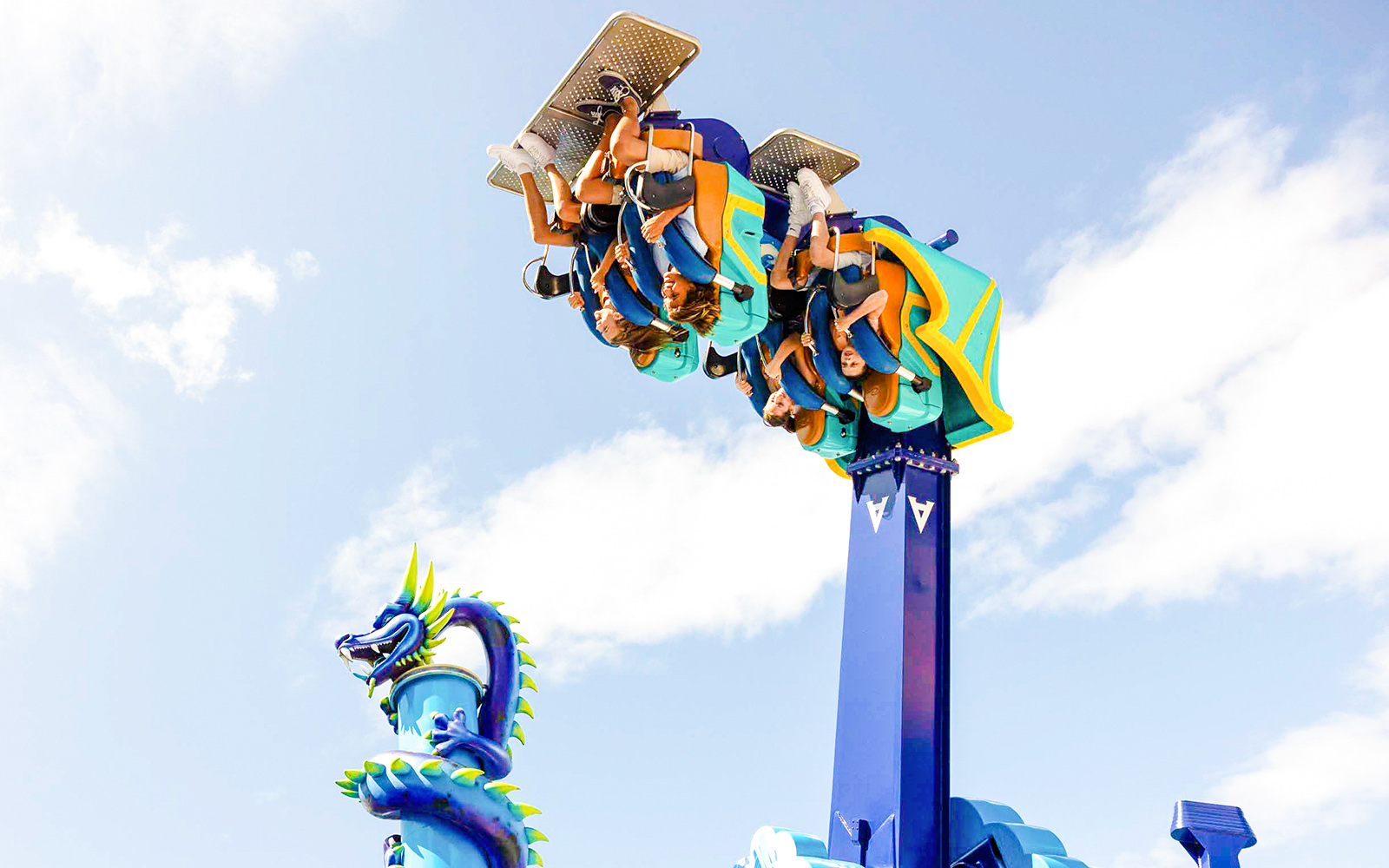 People on the Serpent Slayer ride at Dreamworld Gold Coast.