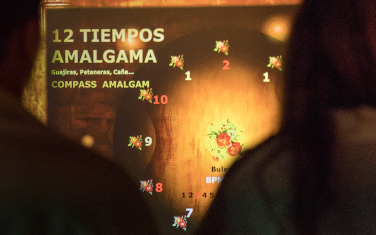 Flamenco rhythm chart with numbers and floral designs for dance initiation.