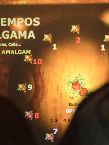 Flamenco rhythm chart with numbers and floral designs for dance initiation.