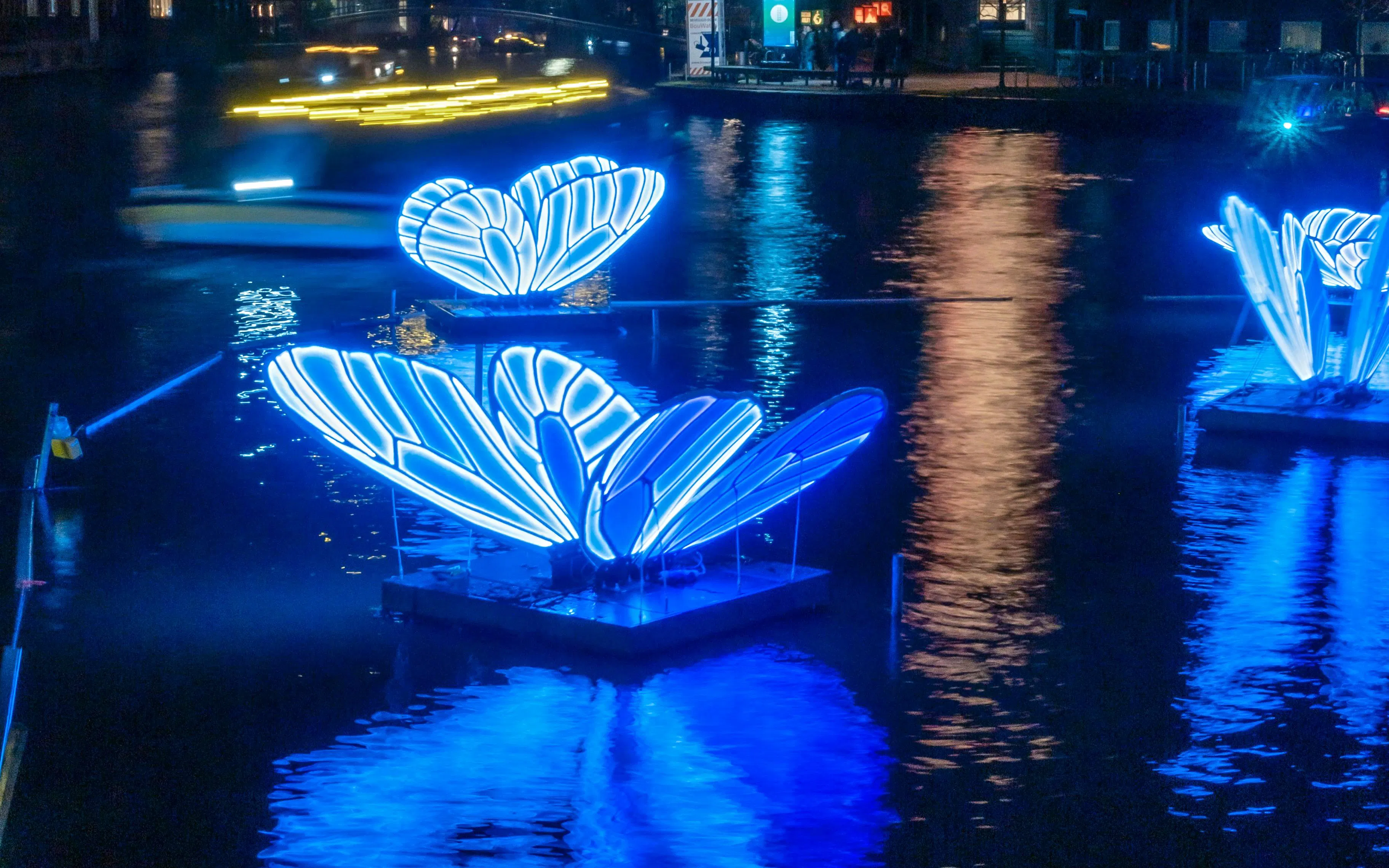 Illuminated butterfly sculptures on water at Amsterdam Light Festival.