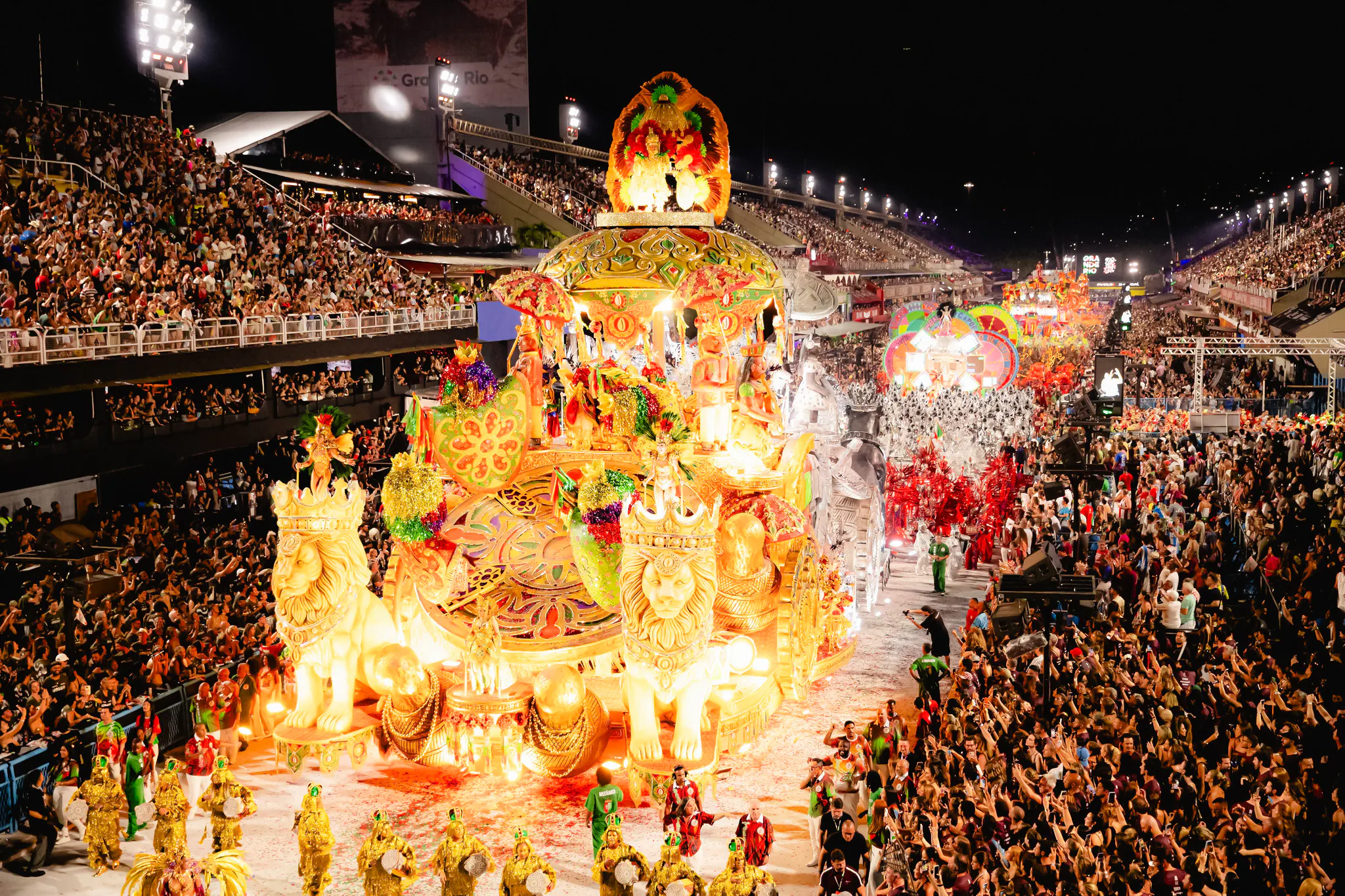 Samba parade with vibrant floats and dancers at Rio Carnival, Rio de Janeiro.