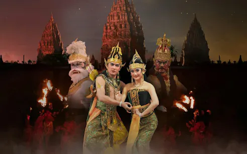 Traditional dancers in costume performing at Prambanan Temple, Indonesia.