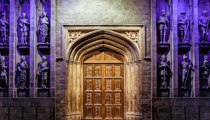 Great Hall doors at Warner Bros. Studio Tour London, part of the Harry Potter experience.