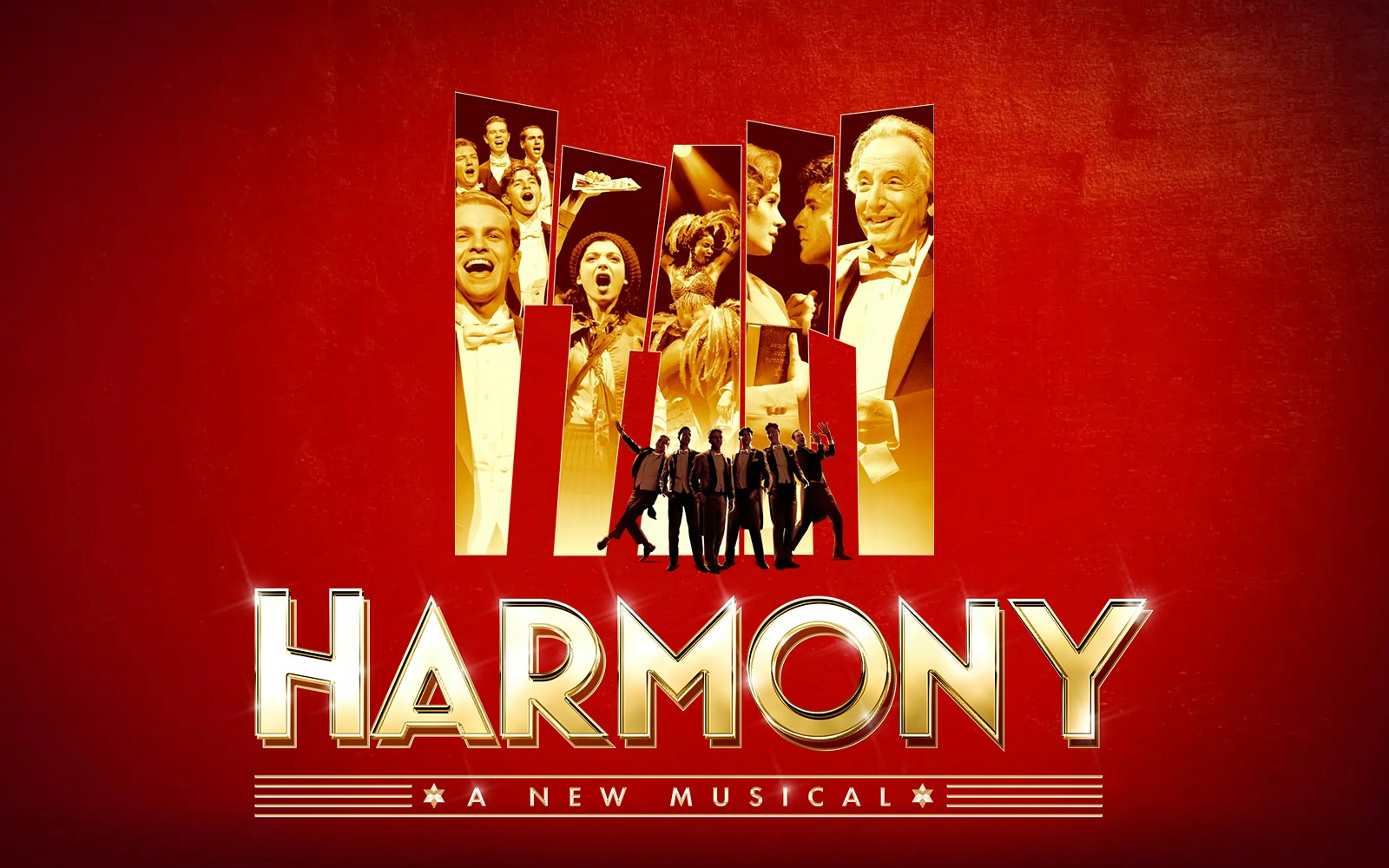 Harmony: A New Musical promotional image with cast in silhouette and vibrant red background.