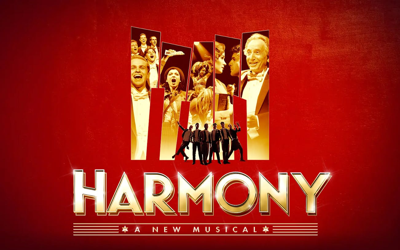 Harmony: A New Musical promotional image with cast in silhouette and vibrant red background.