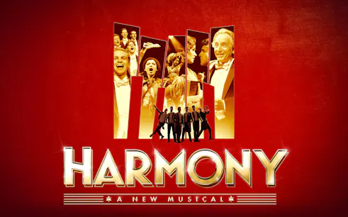 Harmony: A New Musical promotional image with cast in silhouette and vibrant red background.