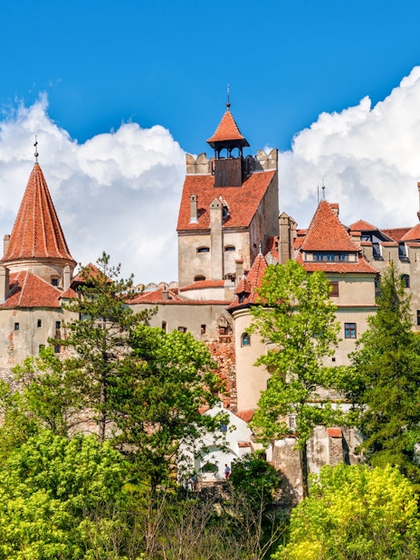Bran Castle in Romania surrounded by lush green trees under a blue sky.