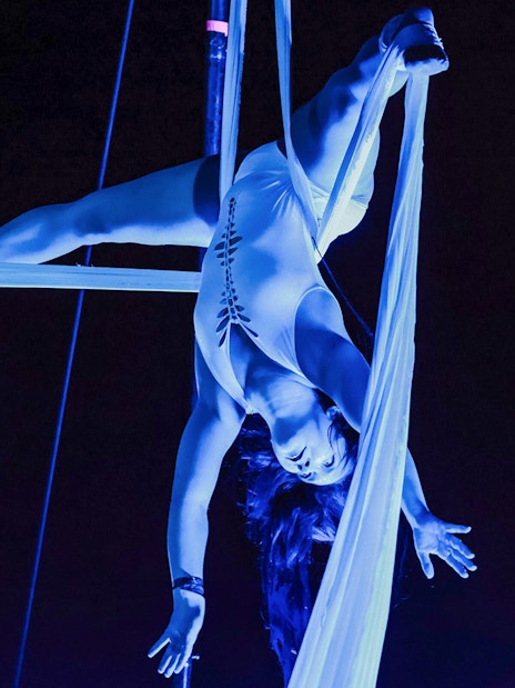 Aerial performer at Sparty bath party in Budapest.