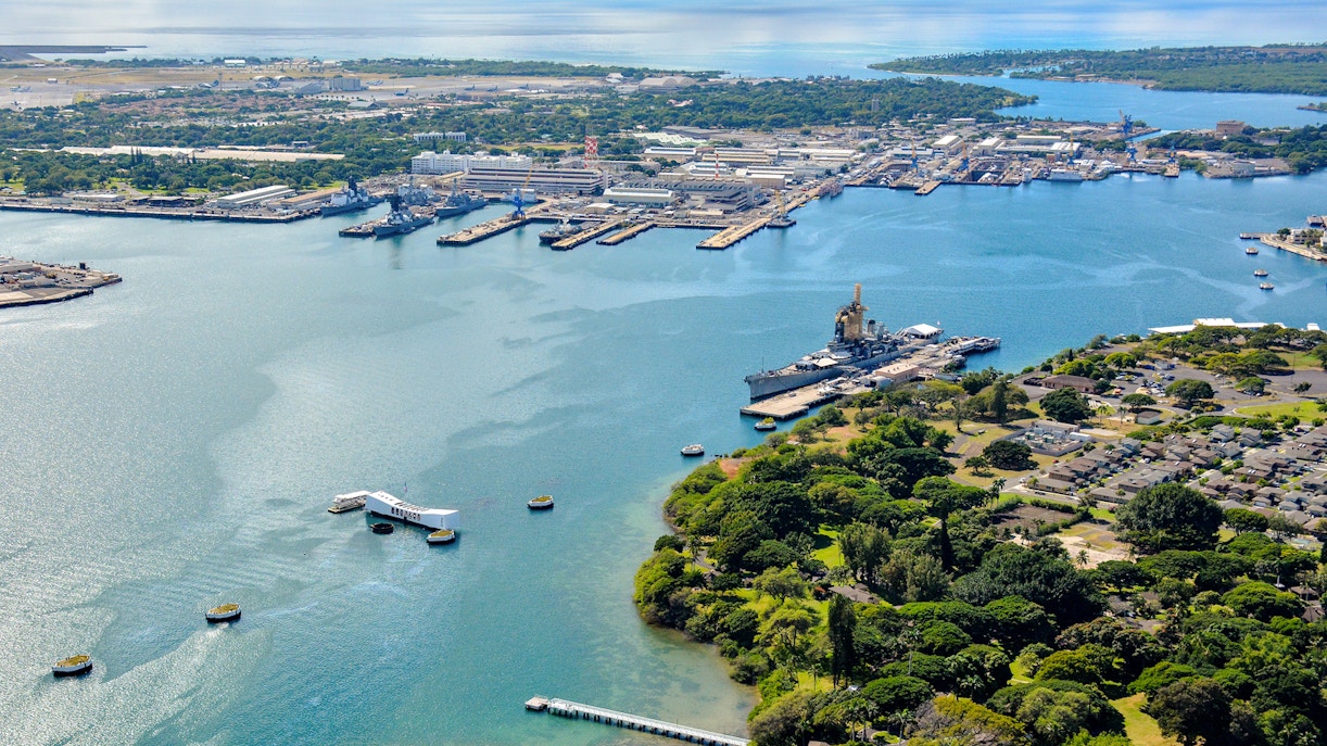 Aerial view of USS Arizona Memorial and USS Missouri at Pearl Harbor, Hawaii.