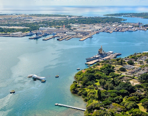 Aerial view of USS Arizona Memorial and USS Missouri at Pearl Harbor, Hawaii.