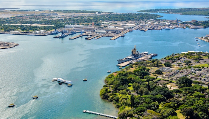 Aerial view of USS Arizona Memorial and USS Missouri at Pearl Harbor, Hawaii.