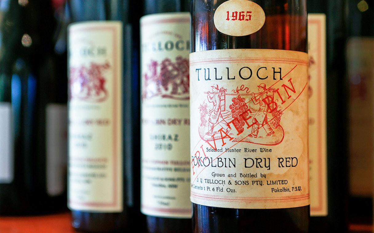 Tulloch Wines bottle label featuring Pokolbin Dry Red from Hunter Valley.