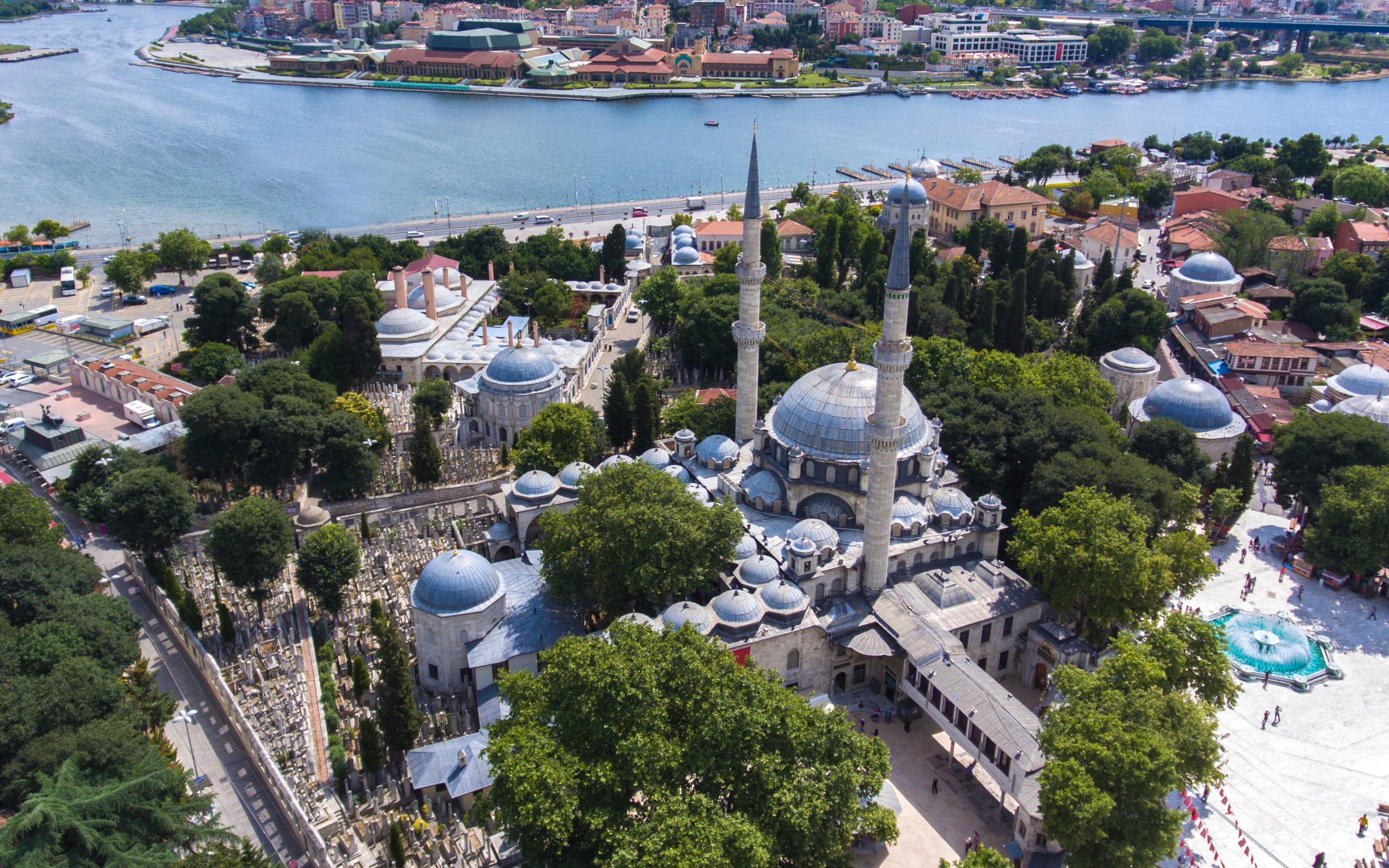 Aerial view of Eyup Sultan Mosque and surrounding area in Istanbul, Turkey.