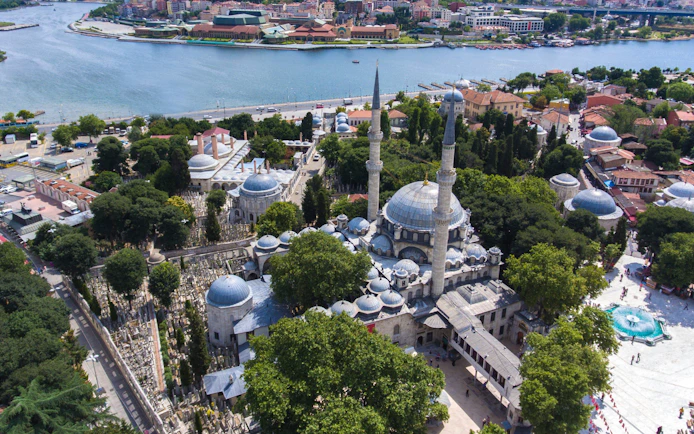 Aerial view of Eyup Sultan Mosque and surrounding area in Istanbul, Turkey.