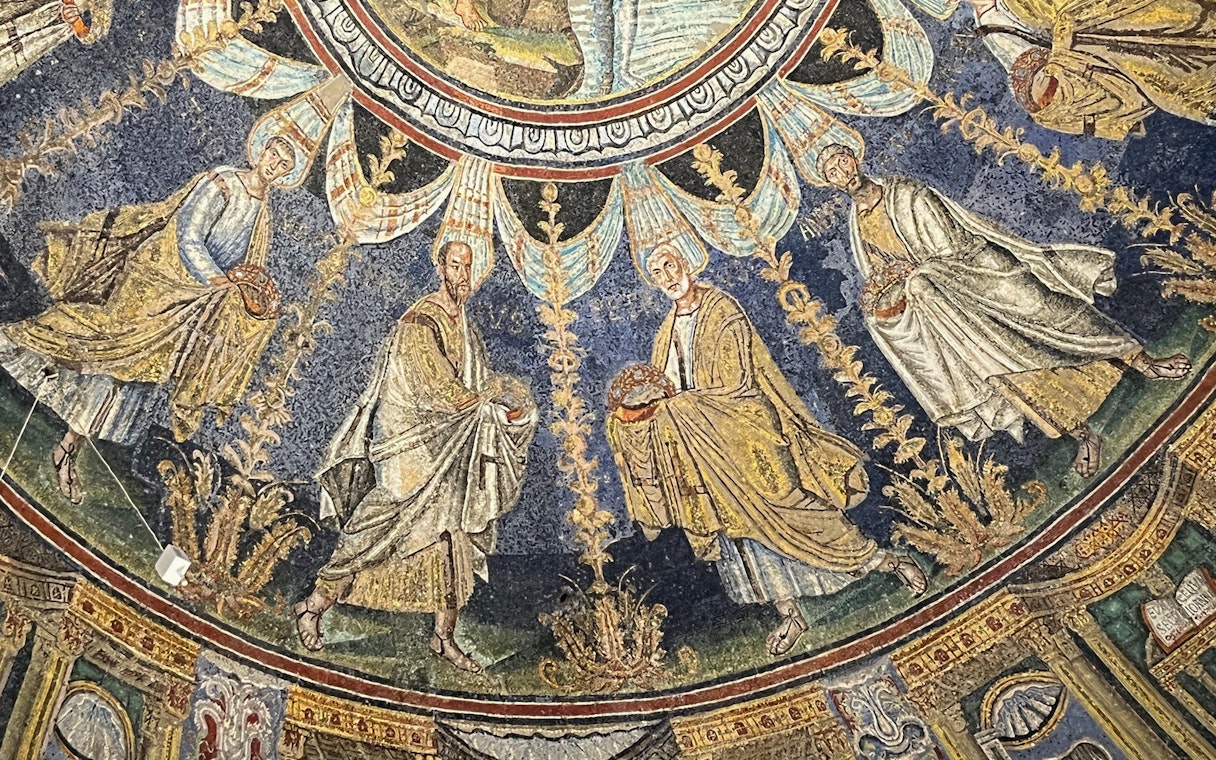 Mosaic of saints in Ravenna UNESCO monument tour.