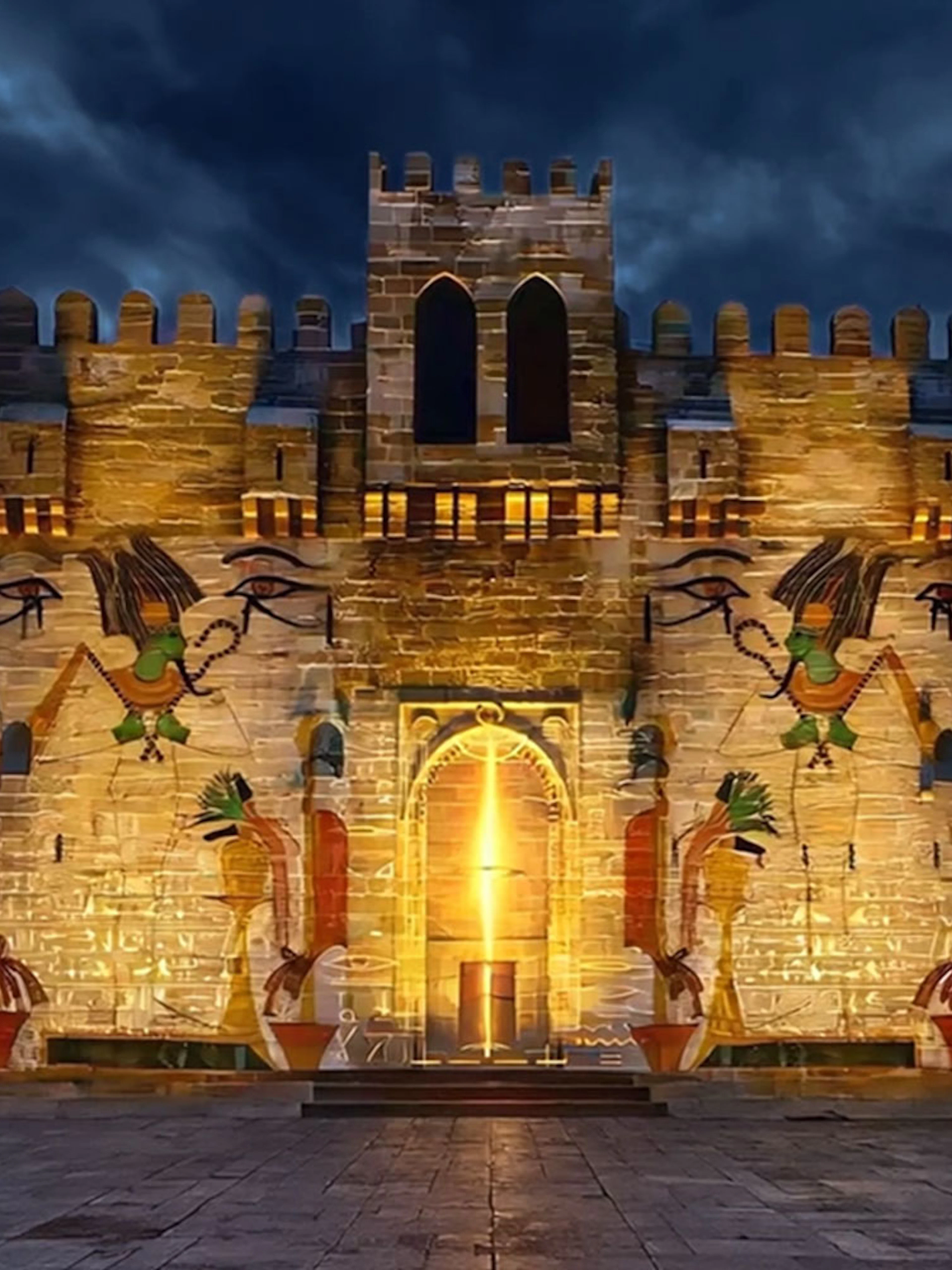 Qaitbay Citadel illuminated at night with ancient Egyptian motifs, Alexandria, Egypt.